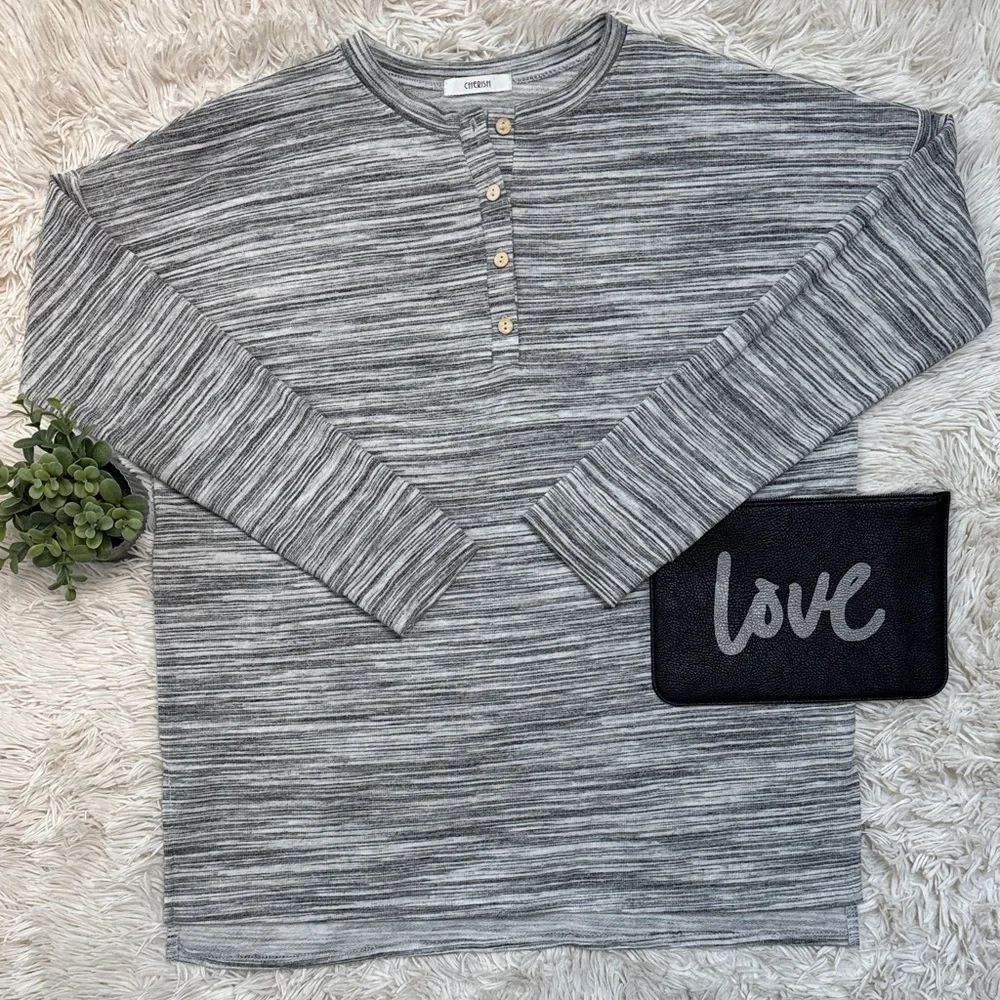 Cherish Striped Henley 💗 Black &  Gray - Picture 2 of 14